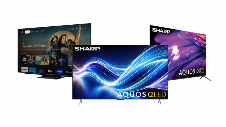 3 Sharp TVs on white background