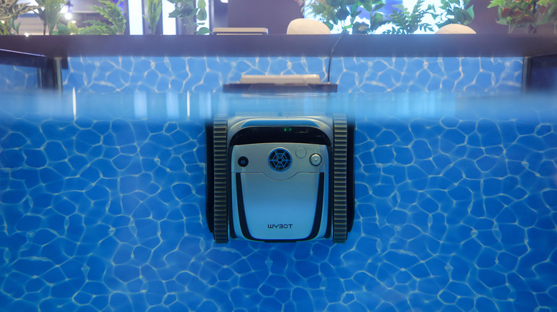A robot pool cleaner climbing a wall.