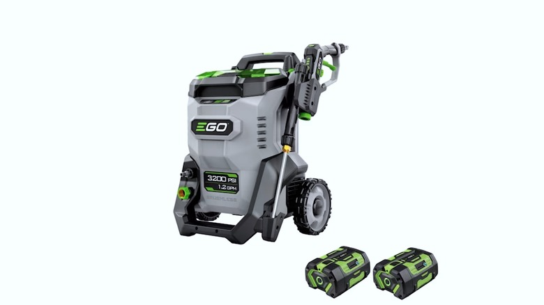 And EGO pressure washer and two compatible rechargeable batteries against a white background