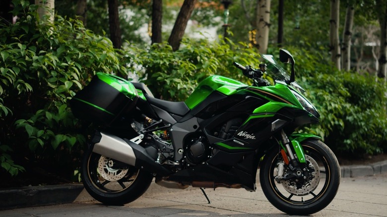 Parked Kawasaki touring motorcycle.