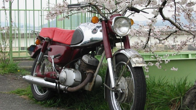 A Kawasaki B8 parked under a white-flowered tree