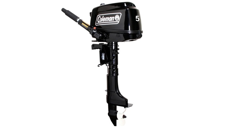 A Coleman Powersports 5 horsepower outboard boat motor against a white background.