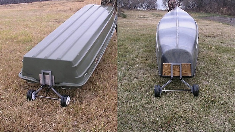 Side-by-side views of the Outdoor Tuff Dolly being used on a Jon boat on the left and a canoe on the right.