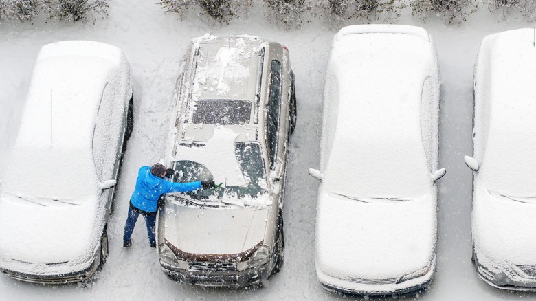 Parking lot with cars covered in snow