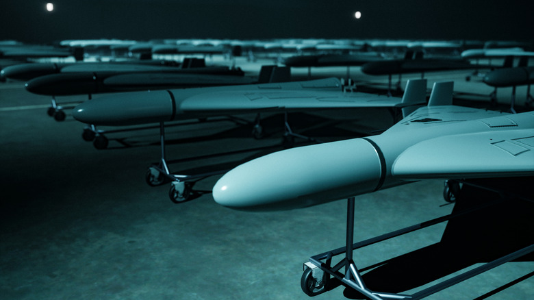 Iranian Shahed-136 drones arranged in a storage hangar