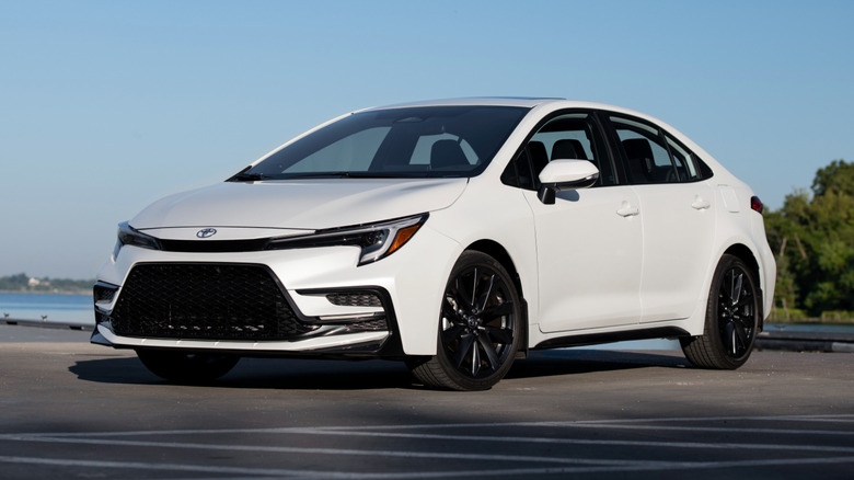 2027 Toyota Corolla XSE in white, front 3/4 view