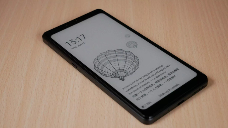 Hisense e-ink smartphone lying on a wooden surface