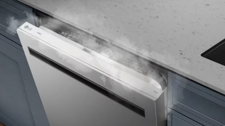 LG dishwasher steaming in kitchen