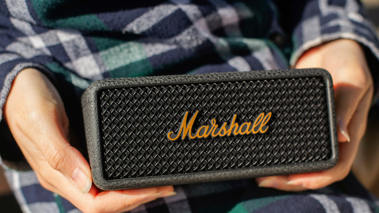 A person holding Marshall speakers