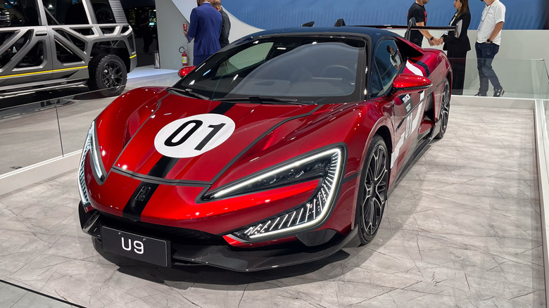 A red Yangwang U9 Xtreme on display.