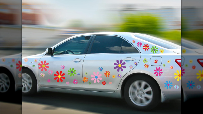 Flower stickers on a white car