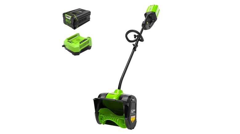 The Greenworks 80V 12-Inch battery snow shovel on a white background.