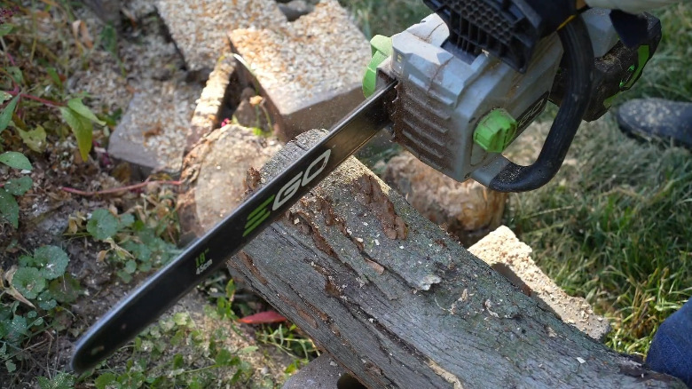 The Ego Power CS2005 used to cut a tree.