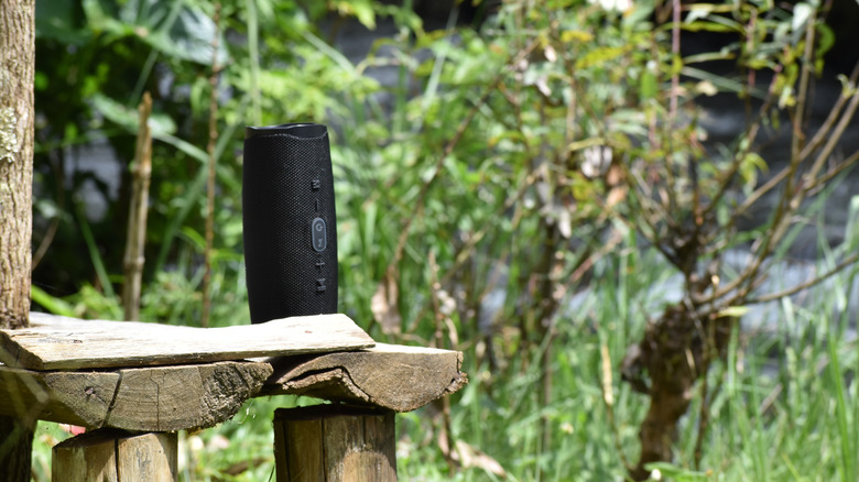 A Bluetooth speaker in a garden.