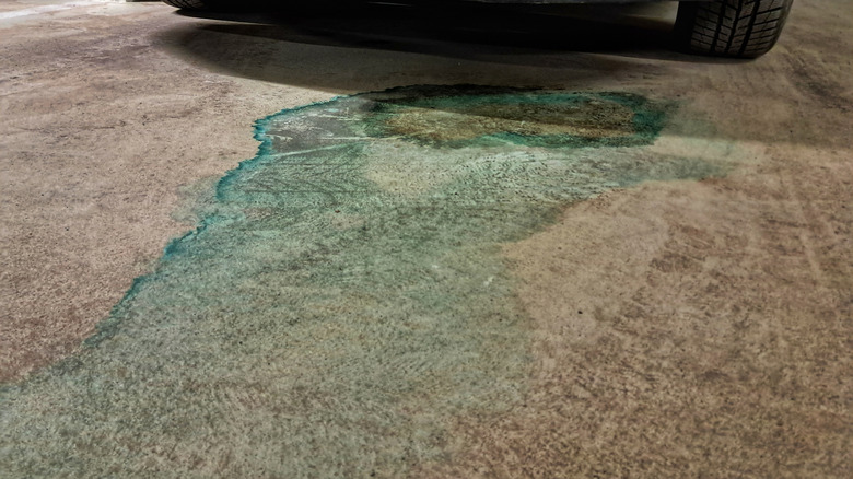 green stain on driveway from leaking coolant or antifreeze