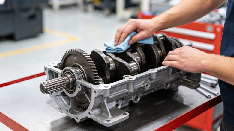 A technician cleaning an engine crankshaft on a table.