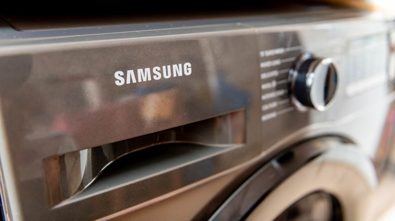 Close-up of a gray Samsung washing machine