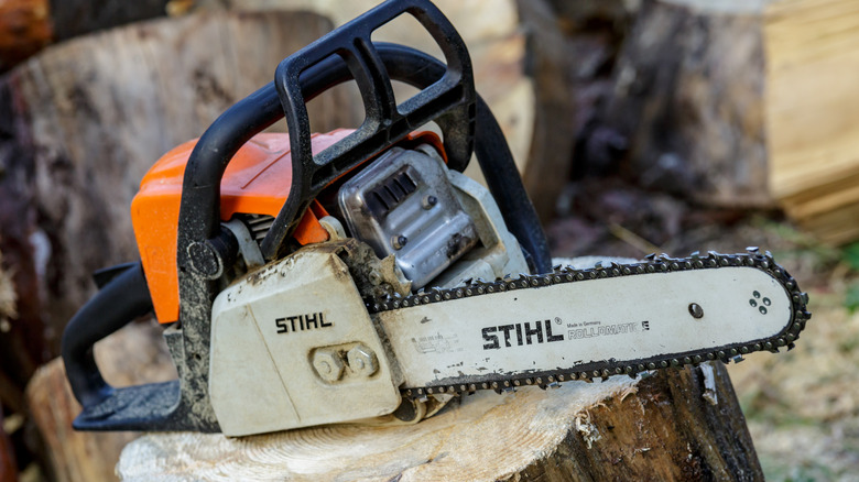 The Stihl chainsaw sitting on a log.