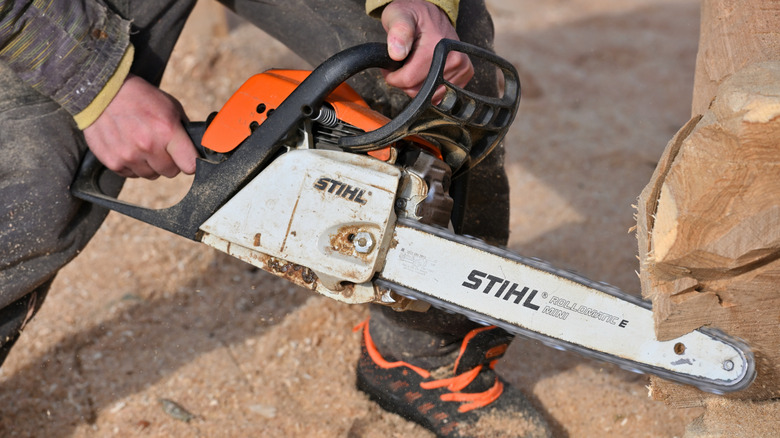A person holding a Stihl chainsaw.