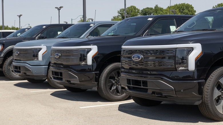 A row of Ford F-150 Lightning trucks parked next to each other.