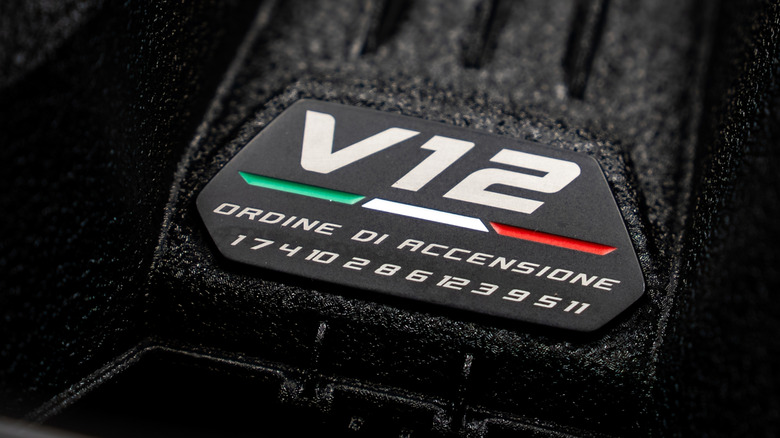 Close-up of logo on V12 engine cover reading 