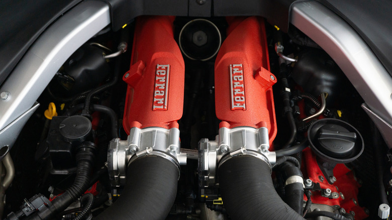A close-up view of a Ferrari Portofino V8 engine bay.