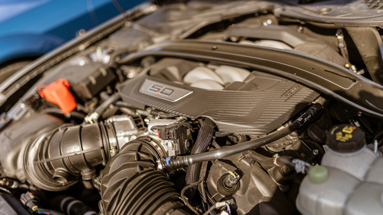 Close-up of a Ford 5-liter Coyote engine.