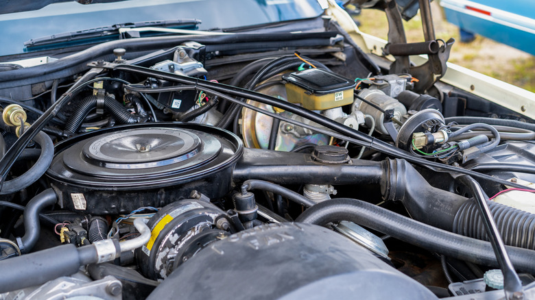 A vintage Cadillac V8 engine bay.