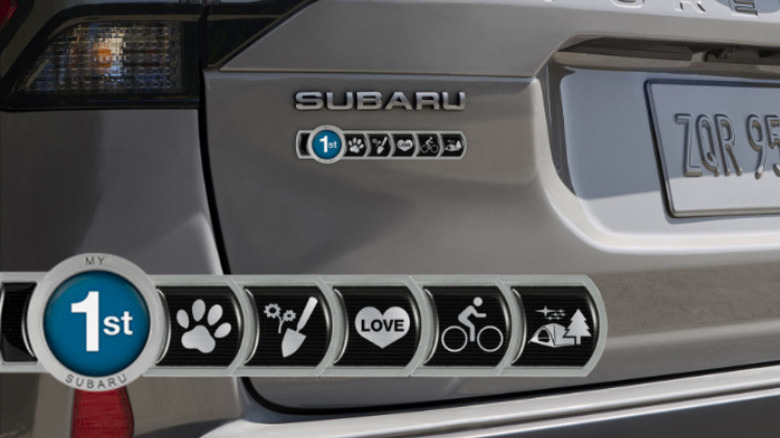 Examples of Subaru badges superimpoed over a Subaru vehicle with numerous badges displayed