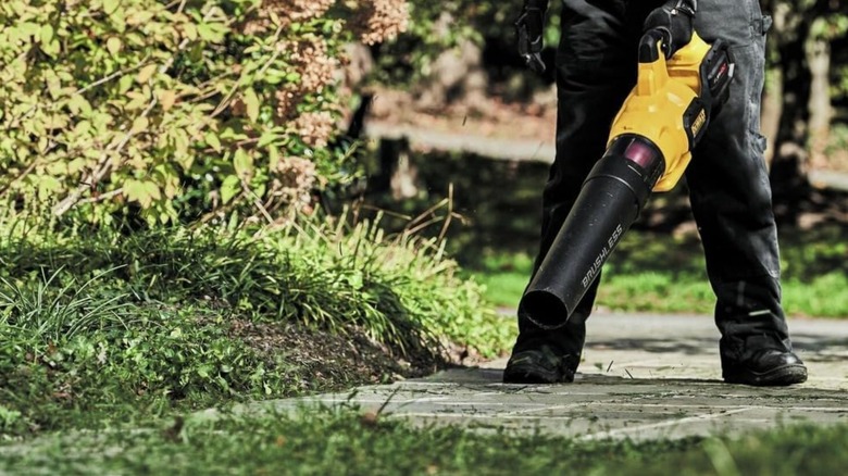 A person using a DeWalt 60-volt leaf blower to clear grass clippings