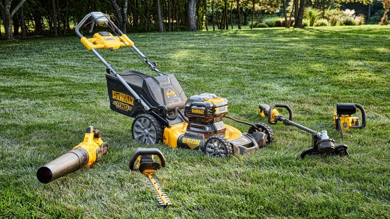 A group of DeWalt lawn and garden tools sitting on someon's yard
