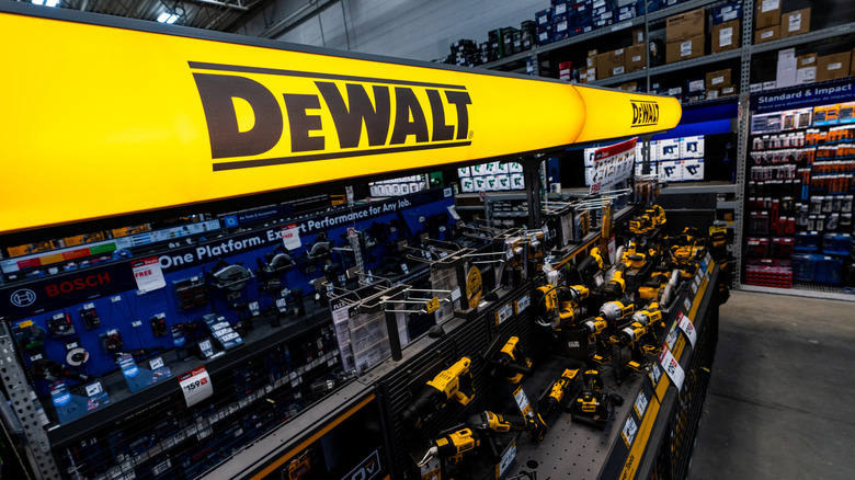 A row of DeWalt tools on display