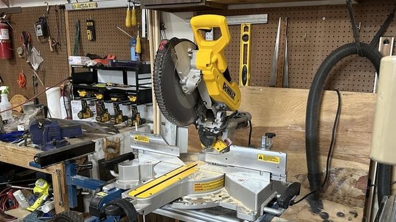 DeWalt double bevel sliding compound miter saw in workshop