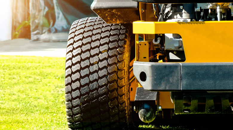 Close up of a mower tire.