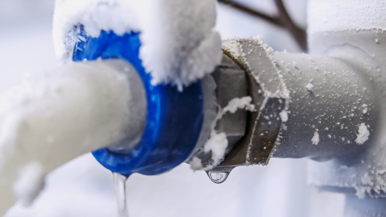 Outdoor plumbing fixture covered in snow and ice.