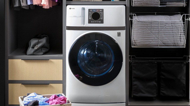 A GE combination washer-dryer in a laundry room.
