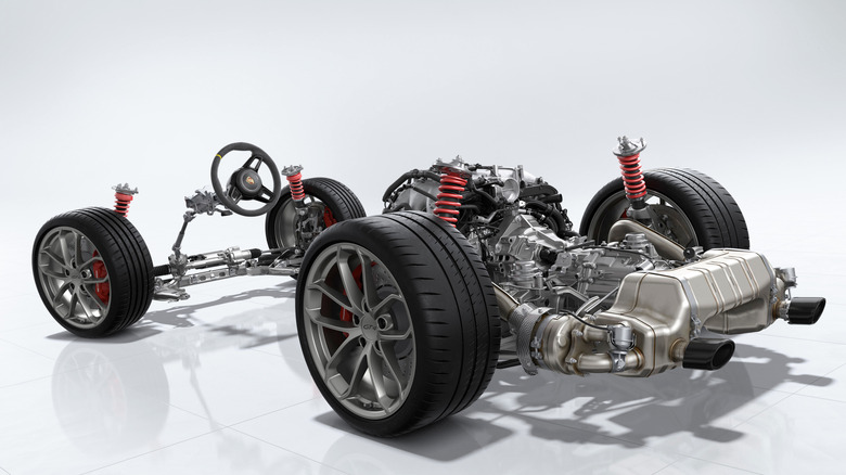 Rear 3/4 view of Porsche 718 Boxster/Cayman mid-engine chassis and engine in studio setting