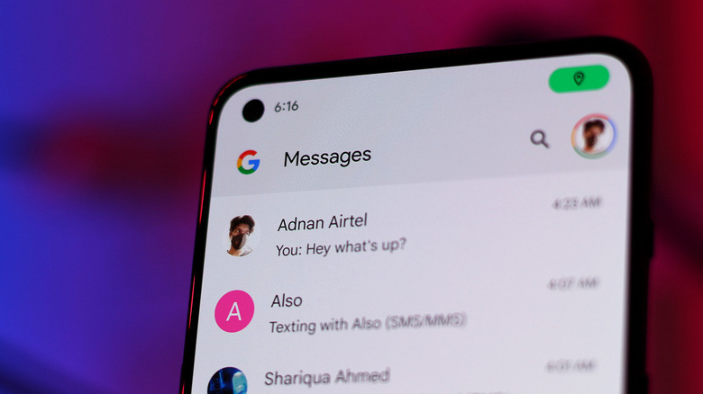 Close-up of Google Messages app on an Android phone.
