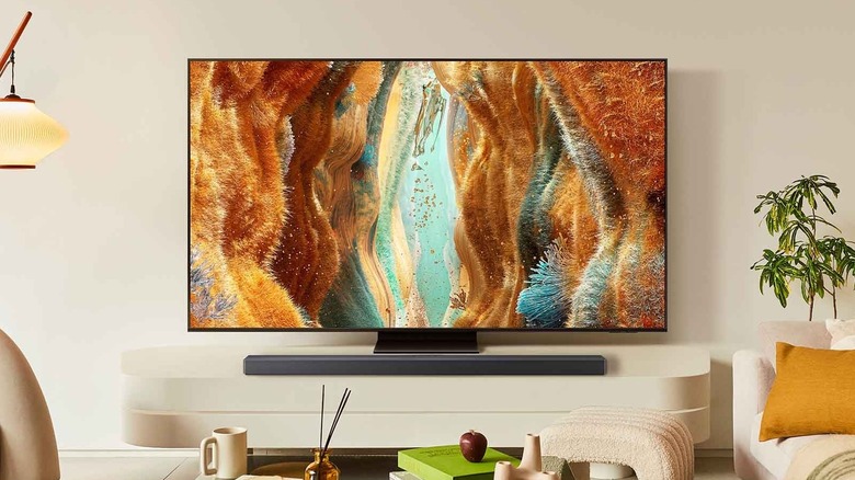 Samsung smart TV in a bright living room.