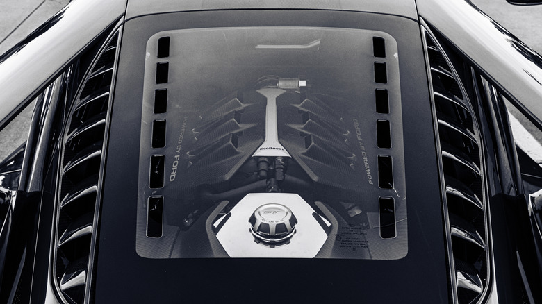 A rear engine bay view of a Ford GT 3.5 EcoBoost engine.