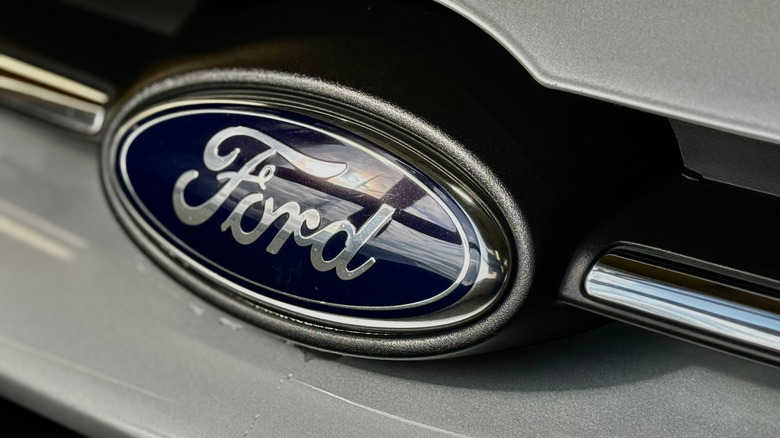 A close-up of a Ford blue oval emblem on a car's front grille.