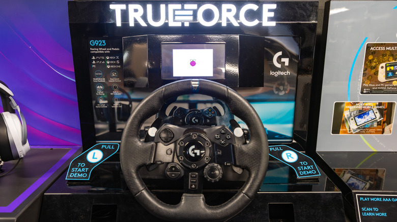 The Logitech G Driving Force G923 steering wheel on display