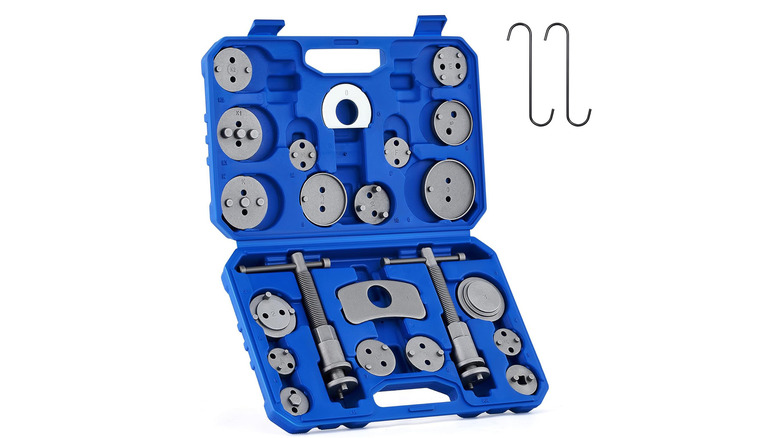 Brake compression tool set in a blue case on a plain white background