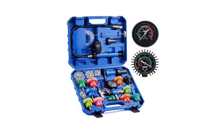 Coolant pressure tester in a blue case on a plain white background