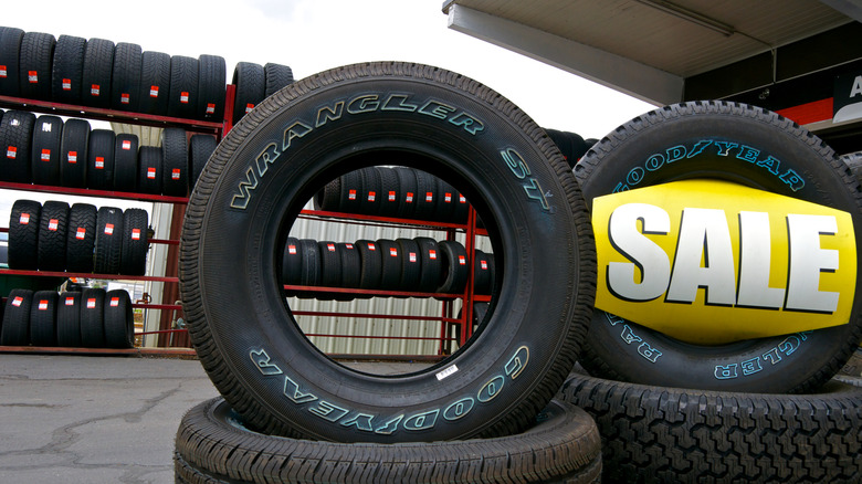 Close-up of a Goodyear tire.