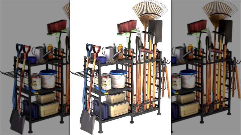 The 6 Tier Garden Tool Organizer filled with garden tools.