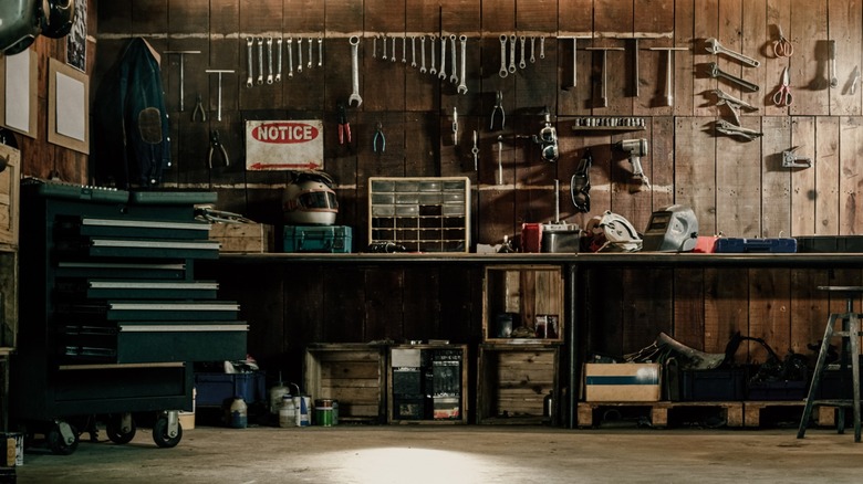 A well-organized home garage workbench.
