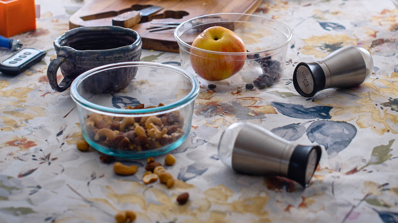 Various food items spilled on a table.