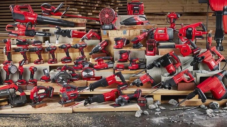 Many Bauer cordless power tools on display