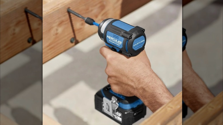 Driving a lag screw with a Hercules 20V Impact Driver from Harbor Freight.